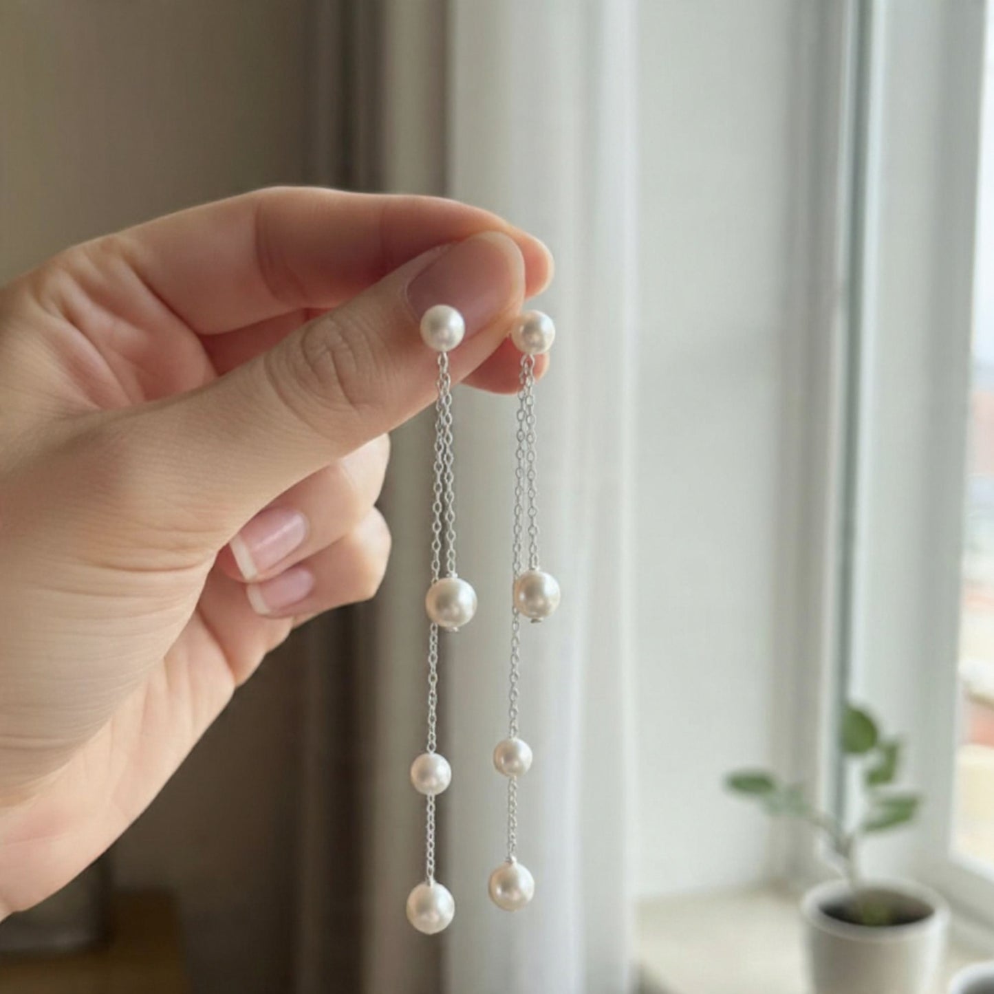 Cascading Freshwater Pearl Drop Earrings – 925 Sterling Silver (7cm)