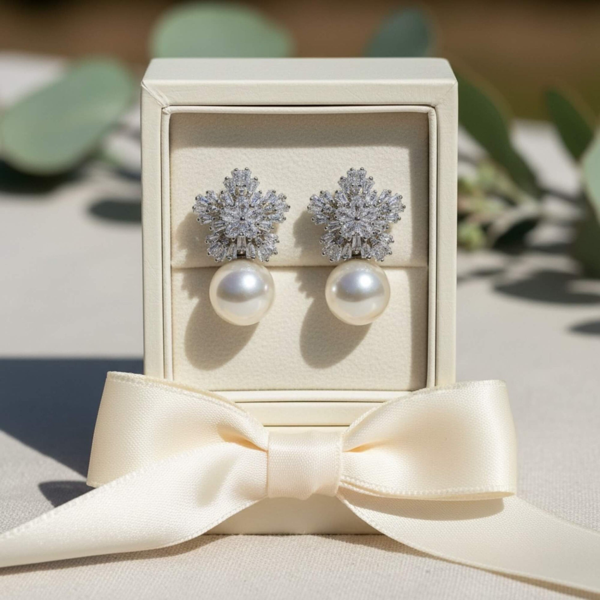 Elegant pearl drop bridal earrings with crystal floral studs, flatlay style.
