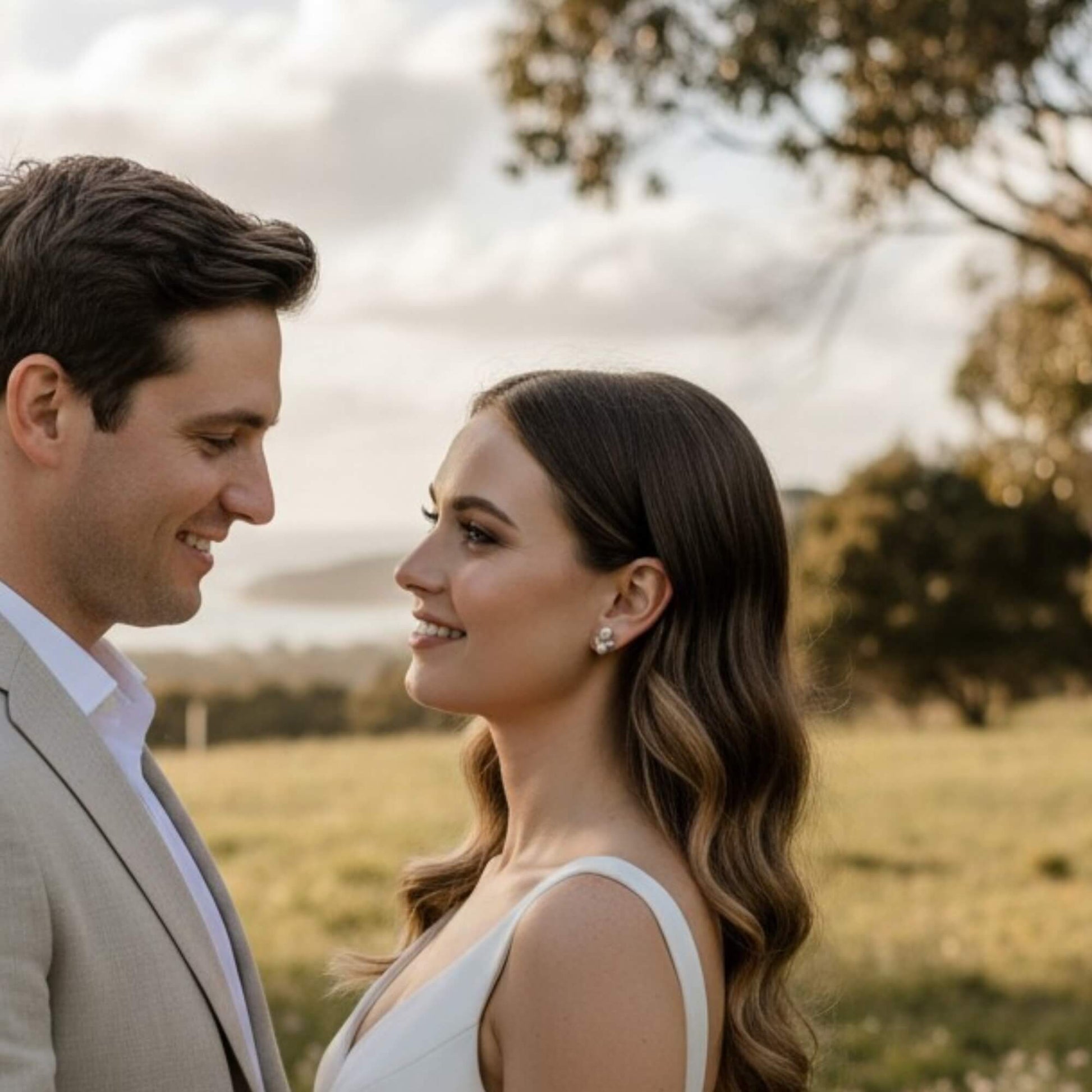 Bride adjusting her hair, revealing pearl and zirconia earrings in a soft outdoor bridal scene.
